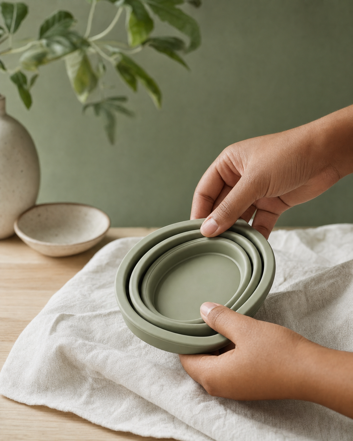 Hands folding a collapsible silicone kitchen bowl flat