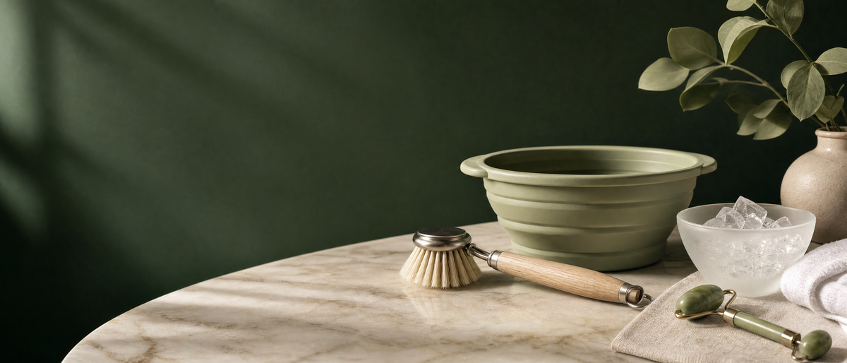 Kitchen and skincare essentials arranged on cream marble against a deep green wall
