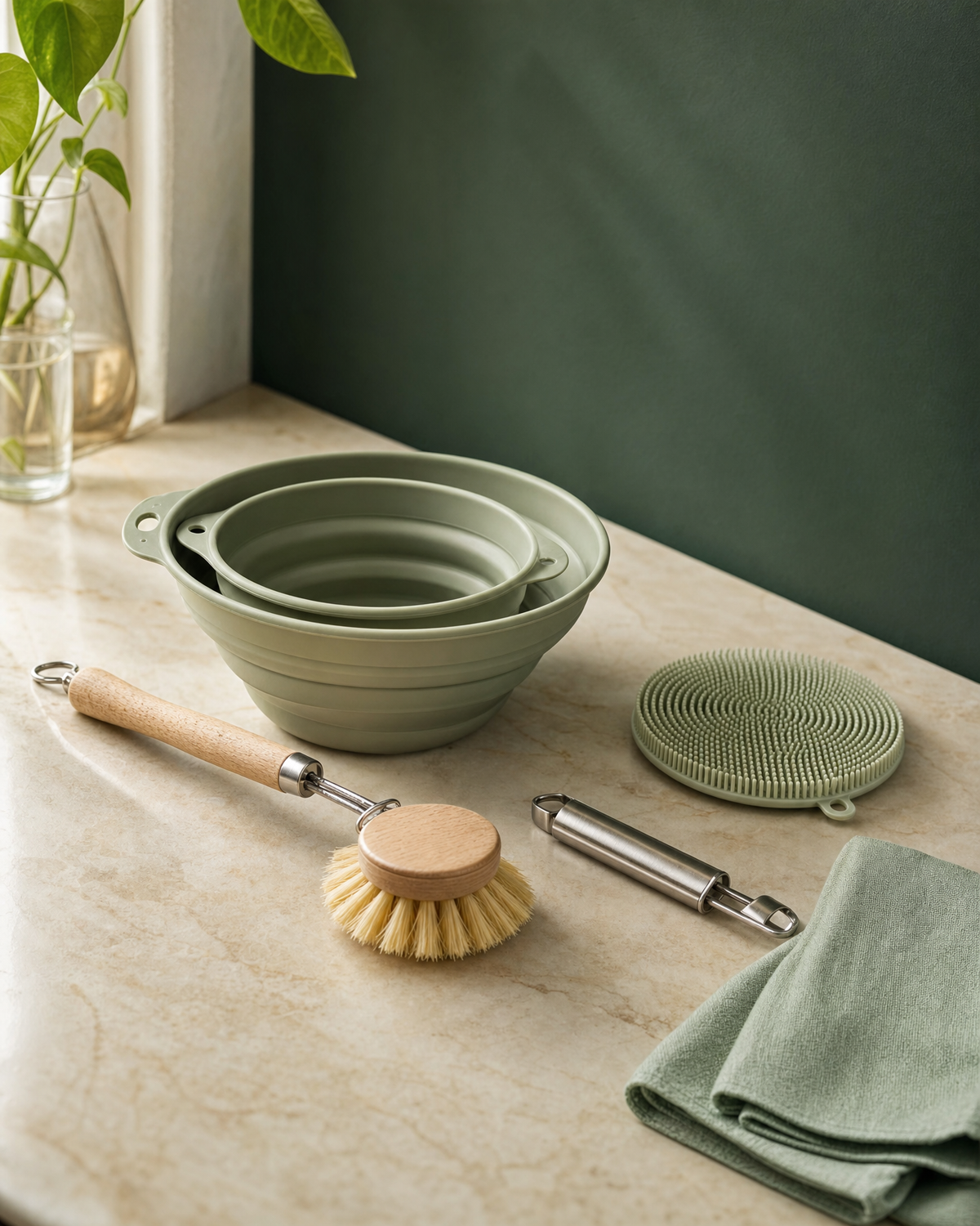 Kitchen tools flat lay with collapsible bowls, scrubbing brush and peeler