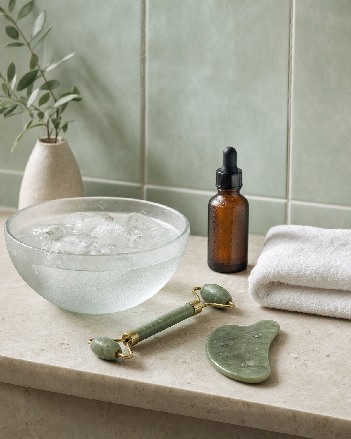 Ice face-wash bowl, jade facial roller and gua sha stone on a bathroom shelf