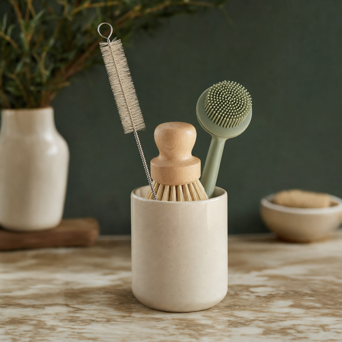 Kitchen cleaning brushes standing in a ceramic crock