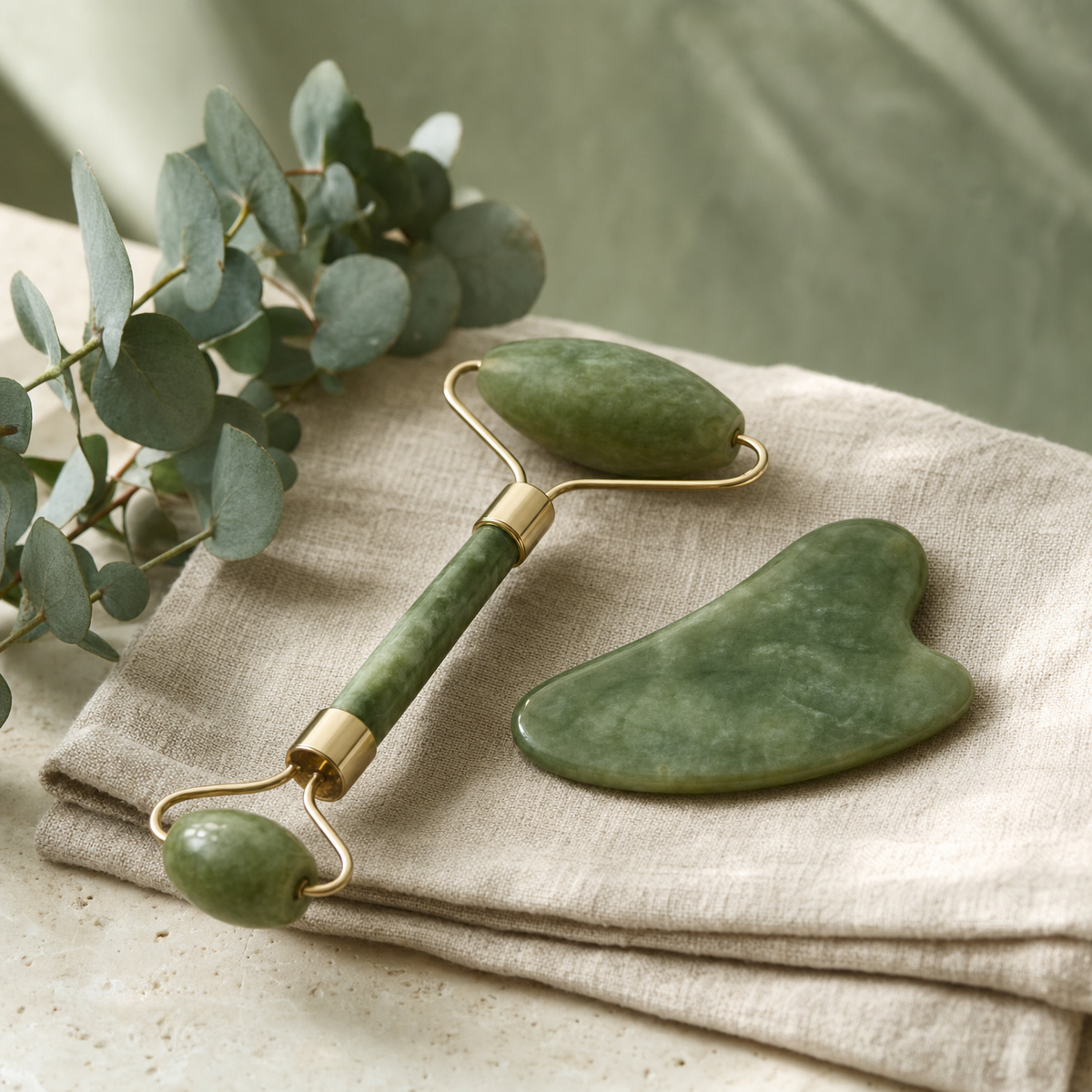 Jade facial massage roller and gua sha stone on linen