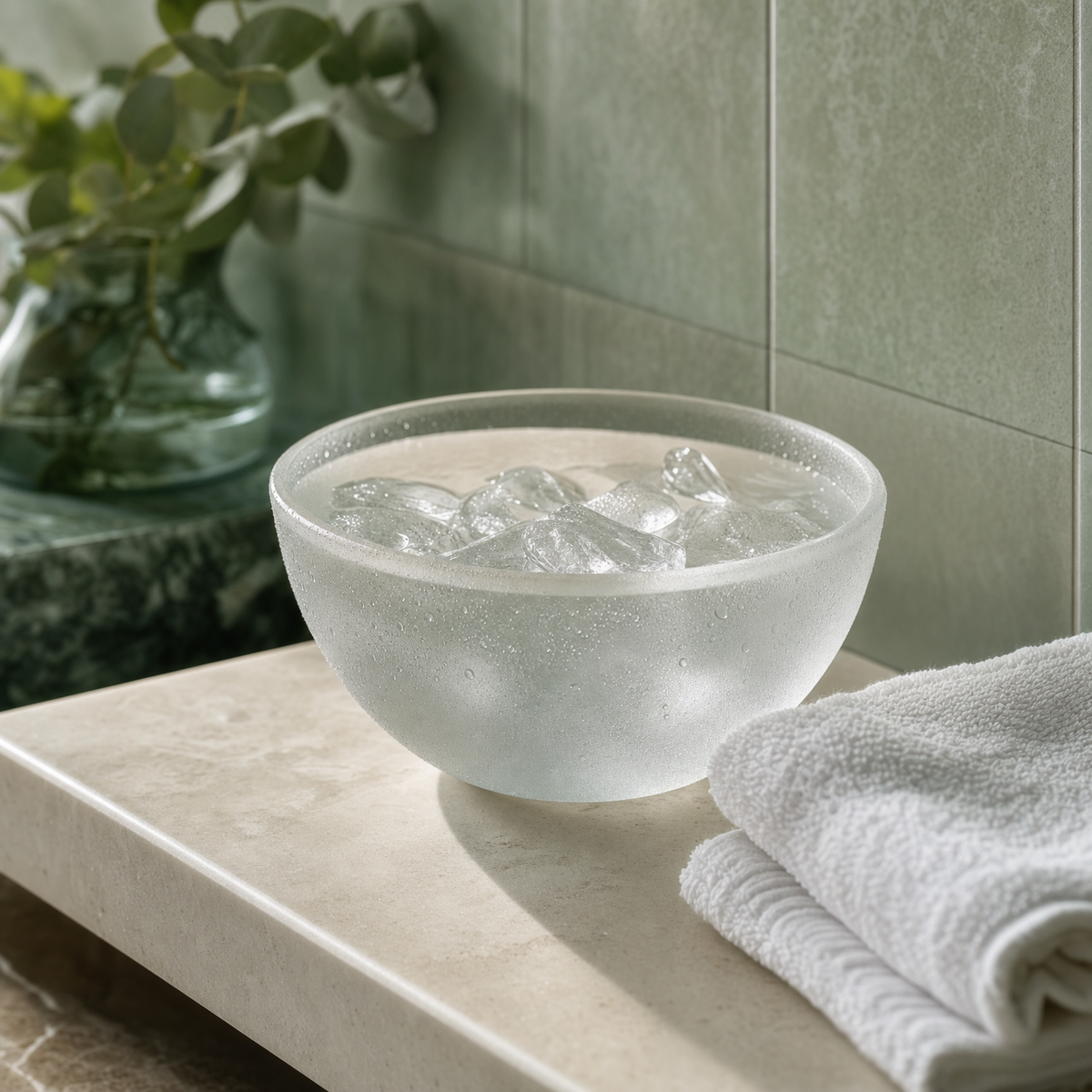 Frosted glass ice face-wash bowl with ice cubes and a folded face towel